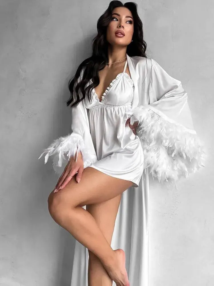 Elegant Satin Feather Bridal Robe Set
