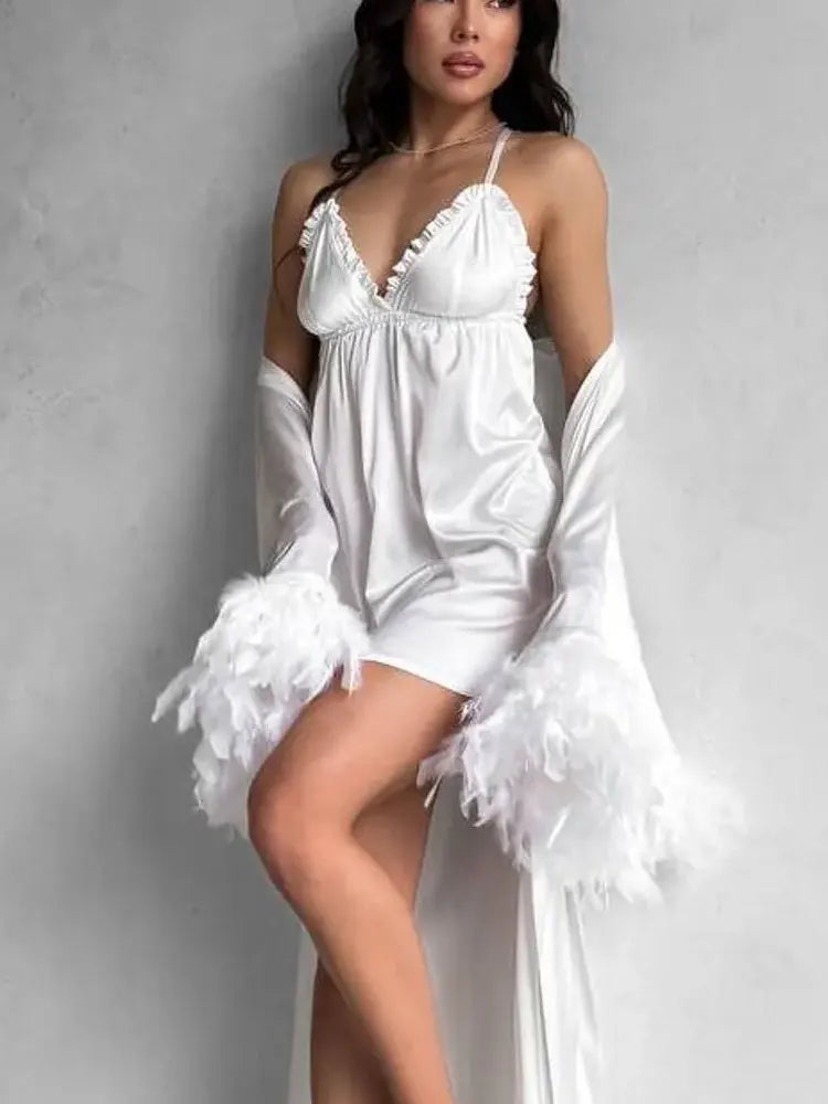 Elegant Satin Feather Bridal Robe Set